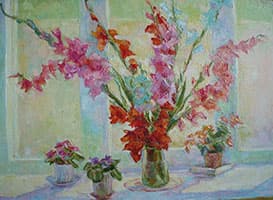 Н. Кавулич. Окно. Солнце. Гладиолусы